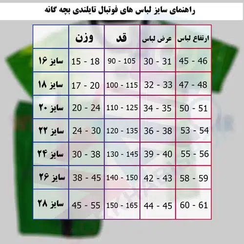 راهنمای انتخاب سایز لباس فوتبال راهنمای انتخاب سایز لباس فوتبال بچه گانه