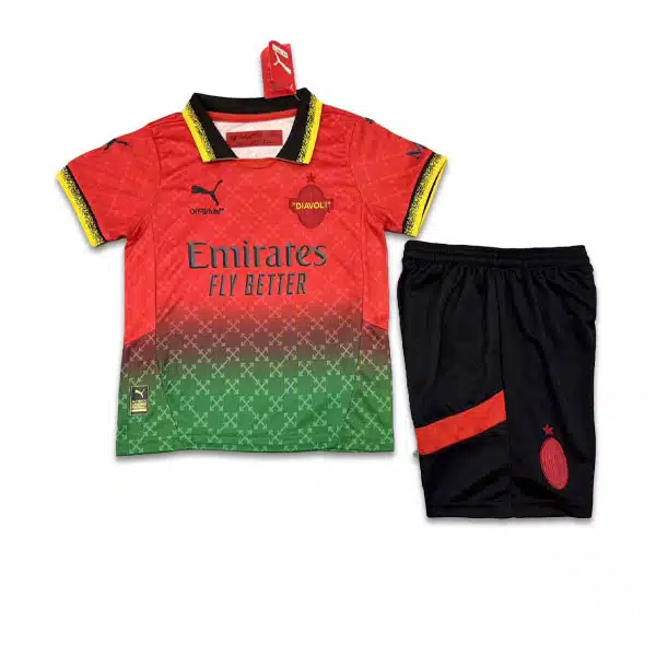 AC Milan 2024-2025 away kit Kids Red And Green With Short خرید پیراهن و شورت دوم آث میلان